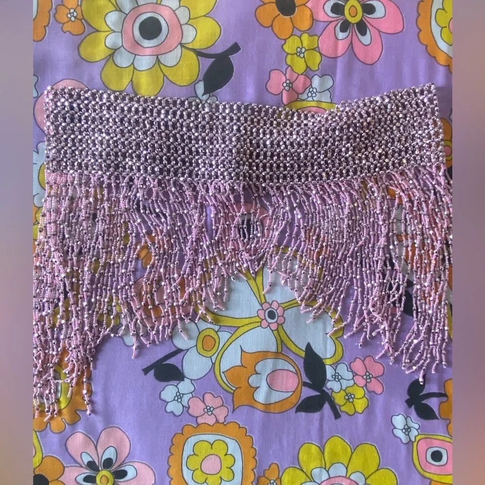 vintage bead fringe metallic silver pink wrap high waist belt L no flaws